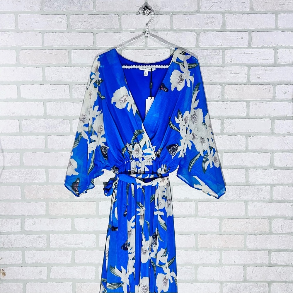 Urban Touch NWT Yumi Blue Floral Print Kimono Midi Wrap Dress Size 18 - Picture 3 of 11